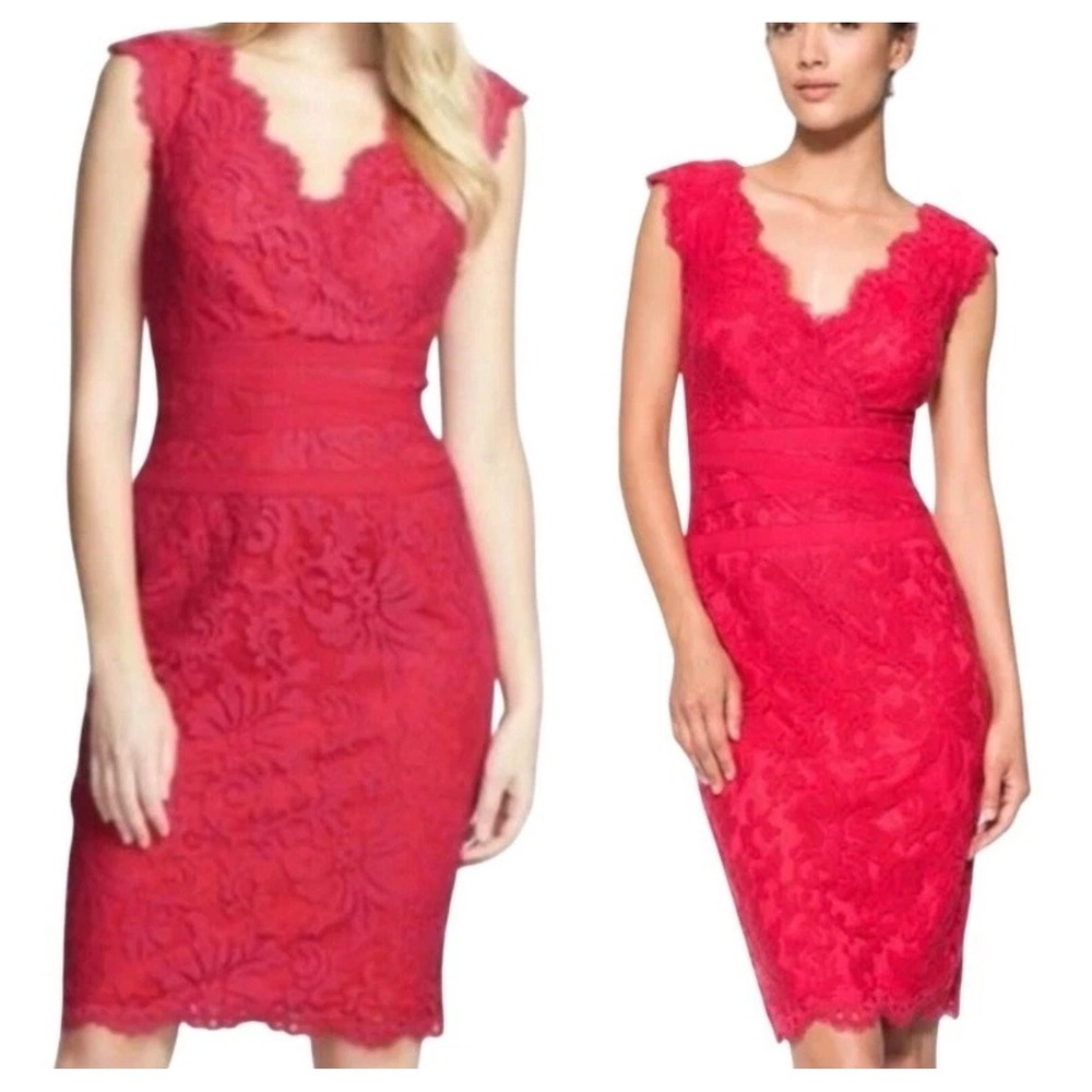 Tadashi Shoji Petite Red Floral Corded Lace V-Neck Cap Sleeve Sheath Dress 2P